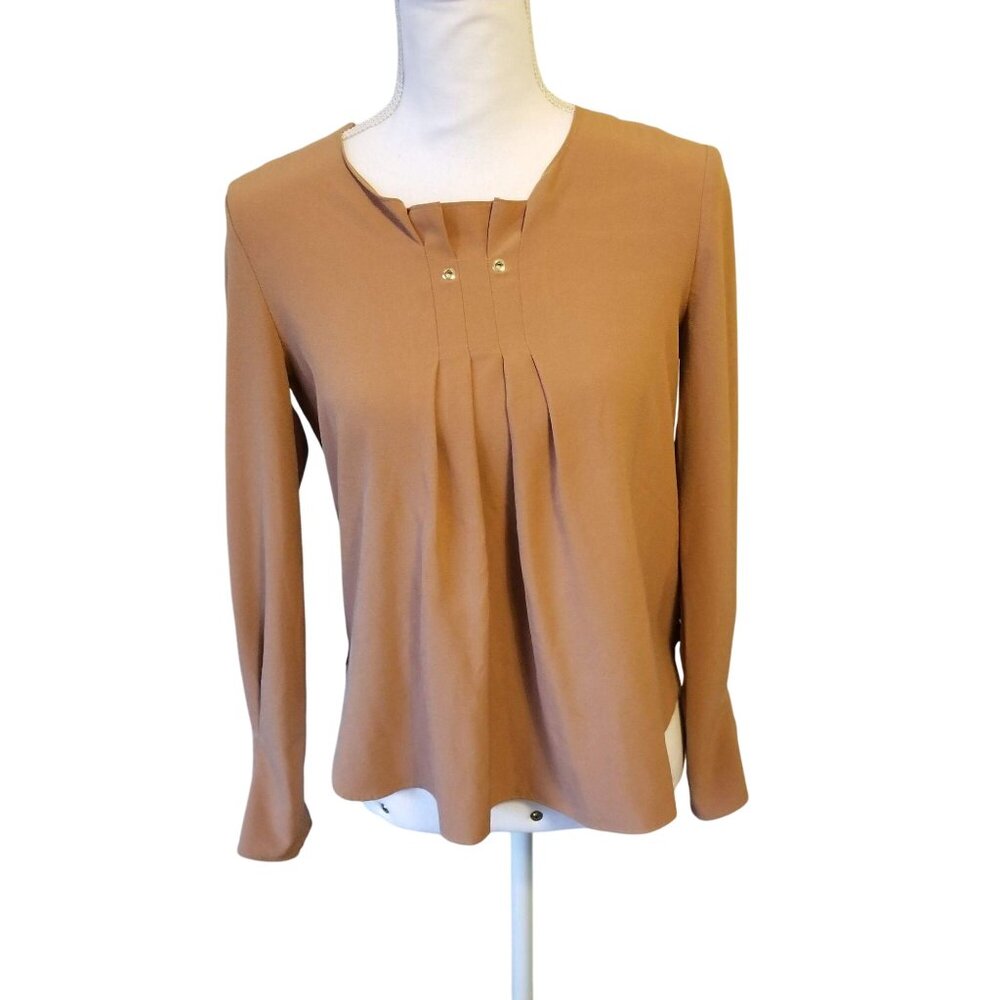 Tan Long Sleeve Pleated Blouse By Splash Size 8